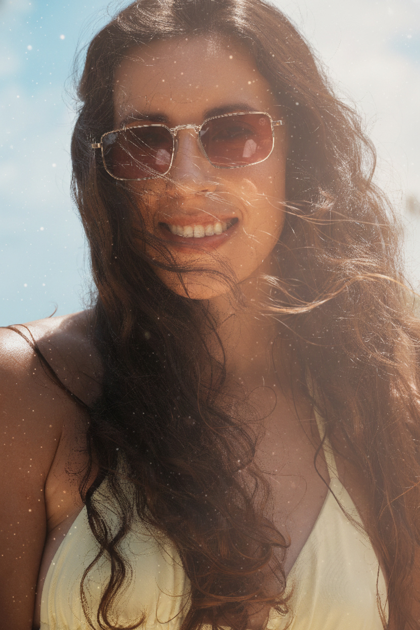 Mulher de óculos de sol pousando para Retrato feminino ao ar livre durante ensaio fotográfico na praia