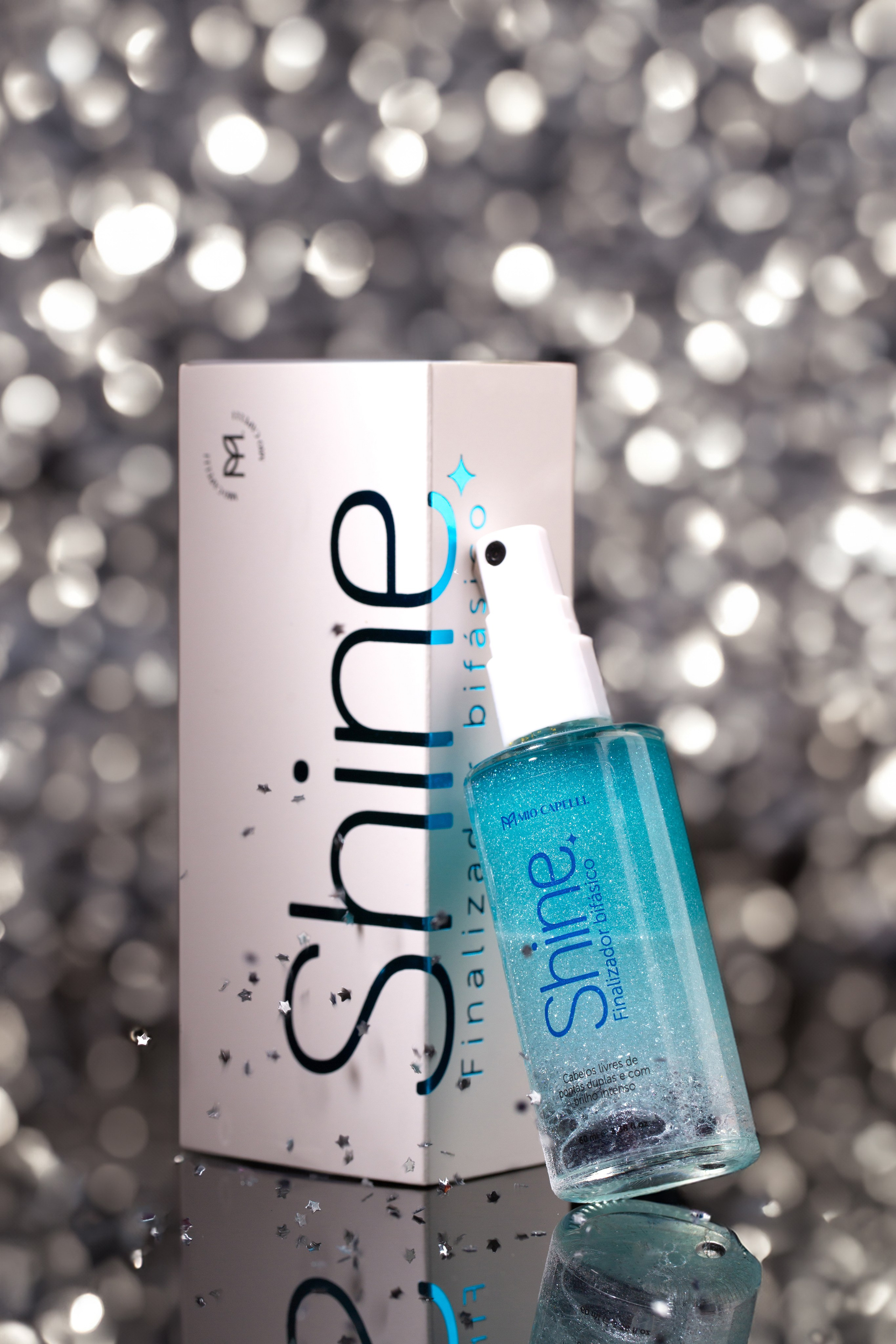 Luxury hair bottle with shine backdrop, creatively effect. 